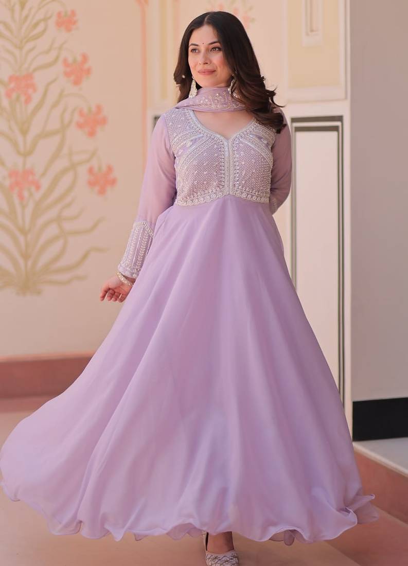Lavender embroidered georgette gown with dupatta