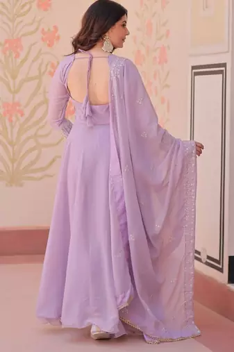 Lavender embroidered georgette gown with dupatta