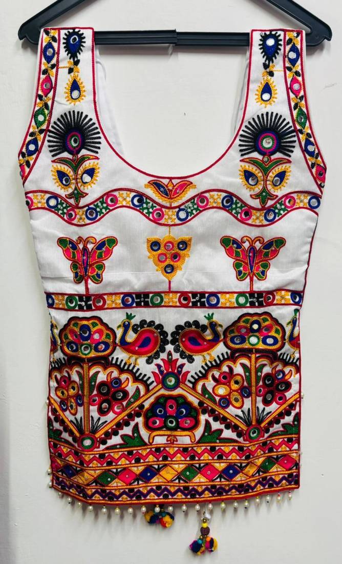 Multicolor embroidered cotton round-neck blouse