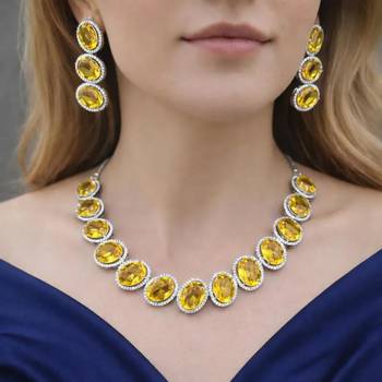 vibrant canary yellow oval crystal necklace earring set | silver plated bridal statement jewellery 1
