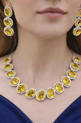 vibrant canary yellow oval crystal necklace earring set  silver plated bridal statement jewellery