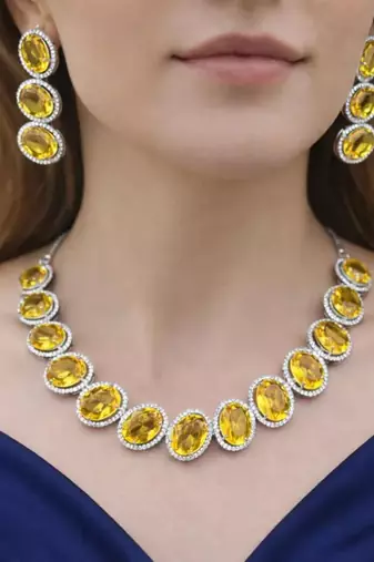 vibrant canary yellow oval crystal necklace earring set | silver plated bridal statement jewellery