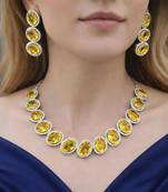 vibrant canary yellow oval crystal necklace earring set | silver plated bridal statement jewellery