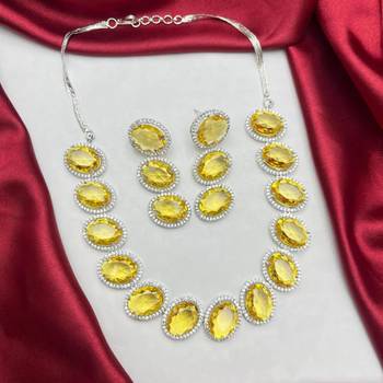 vibrant canary yellow oval crystal necklace earring set | silver plated bridal statement jewellery 2