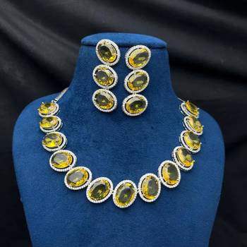 vibrant canary yellow oval crystal necklace earring set | silver plated bridal statement jewellery 3