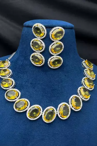vibrant canary yellow oval crystal necklace earring set | silver plated bridal statement jewellery