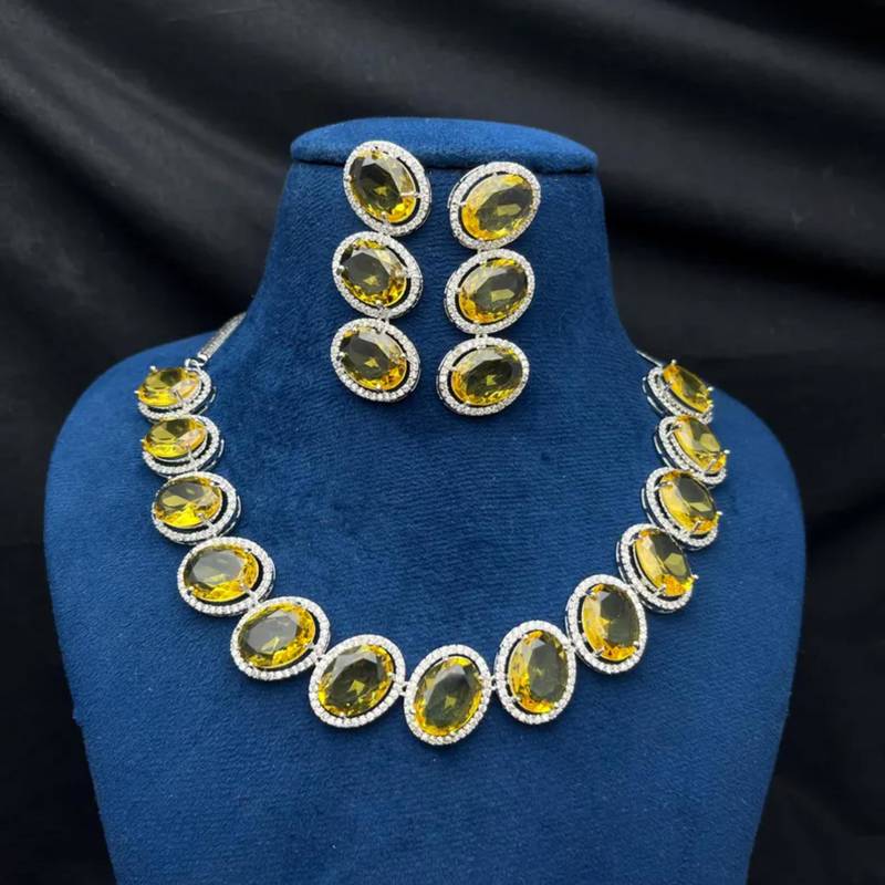 vibrant canary yellow oval crystal necklace earring set | silver plated bridal statement jewellery
