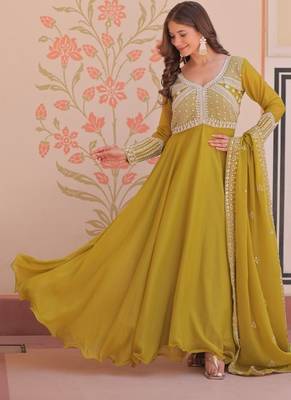 Green embroidered georgette gown with dupatta 1
