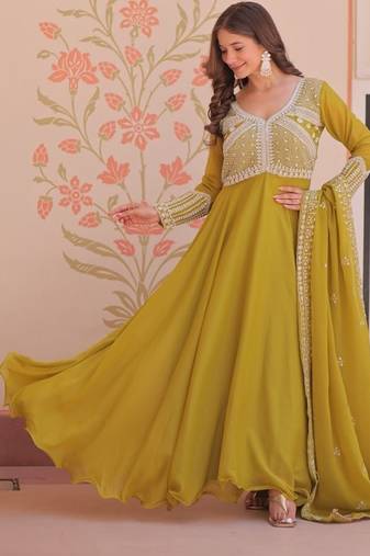 Green embroidered georgette gown with dupatta