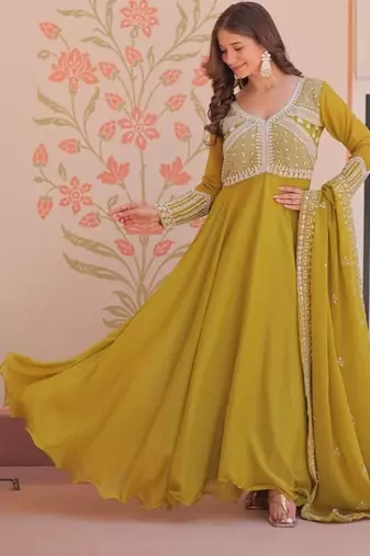 Green embroidered georgette gown with dupatta