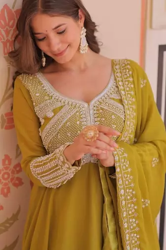 Green embroidered georgette gown with dupatta