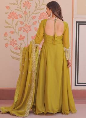 Green embroidered georgette gown with dupatta 3