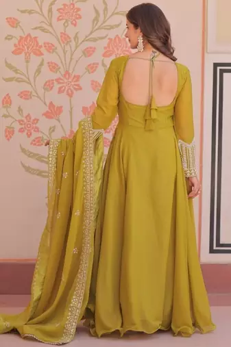 Green embroidered georgette gown with dupatta