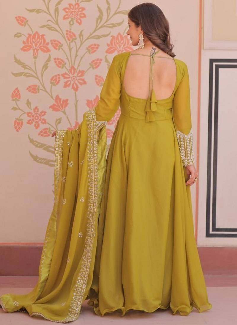 Green embroidered georgette gown with dupatta