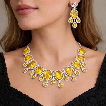canary yellow crystal statement necklace earring set, silver plated oval gemstone bridal jewellery 1