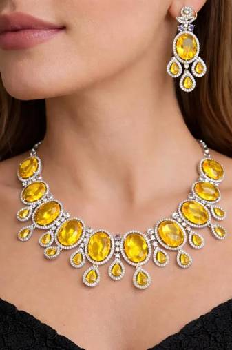 canary yellow crystal statement necklace earring set, silver plated oval gemstone bridal jewellery