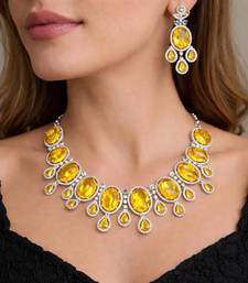 canary yellow crystal statement necklace earring set, silver plated oval gemstone bridal jewellery
