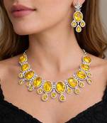 canary yellow crystal statement necklace earring set, silver plated oval gemstone bridal jewellery