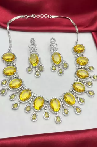 canary yellow crystal statement necklace earring set, silver plated oval gemstone bridal jewellery
