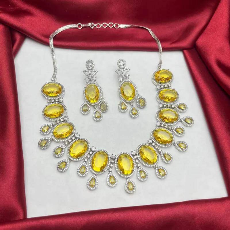 canary yellow crystal statement necklace earring set, silver plated oval gemstone bridal jewellery