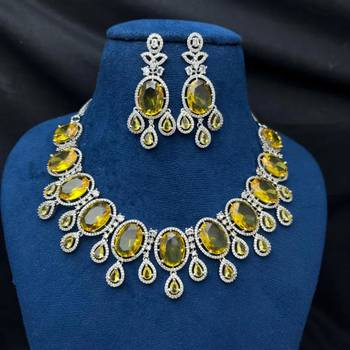 canary yellow crystal statement necklace earring set, silver plated oval gemstone bridal jewellery 3