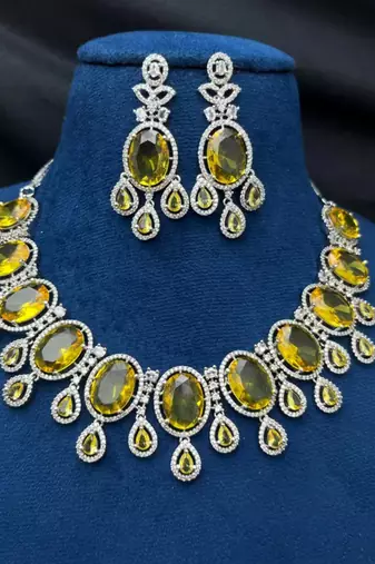 canary yellow crystal statement necklace earring set, silver plated oval gemstone bridal jewellery