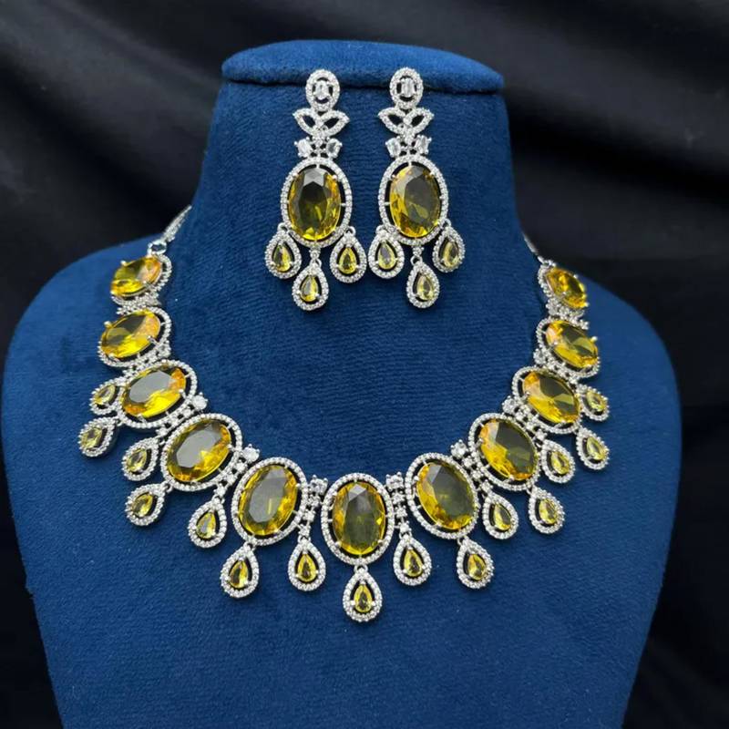 canary yellow crystal statement necklace earring set, silver plated oval gemstone bridal jewellery