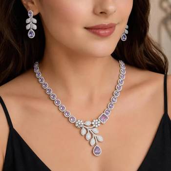 silver marquise pear cut cz necklace earrings set, floral leaf bridal jewellery 1