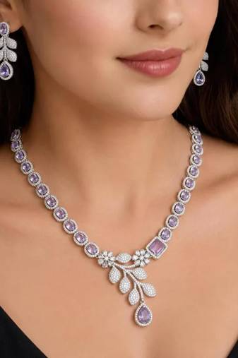 silver marquise pear cut cz necklace earrings set, floral leaf bridal jewellery