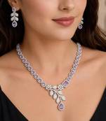 silver marquise pear cut cz necklace earrings set, floral leaf bridal jewellery