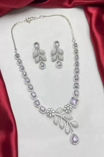silver marquise pear cut cz necklace earrings set, floral leaf bridal jewellery