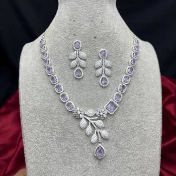 silver marquise pear cut cz necklace earrings set, floral leaf bridal jewellery 3