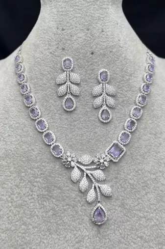 silver marquise pear cut cz necklace earrings set, floral leaf bridal jewellery