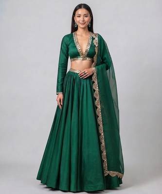 Emerald Green Embroidered Dupion Silk Lehenga Set 1