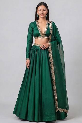 Emerald Green Embroidered Dupion Silk Lehenga Set