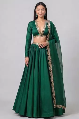 Emerald Green Embroidered Dupion Silk Lehenga Set