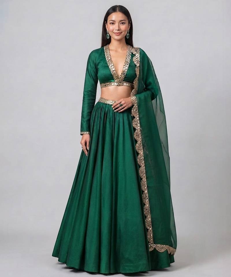 Emerald Green Embroidered Dupion Silk Lehenga Set