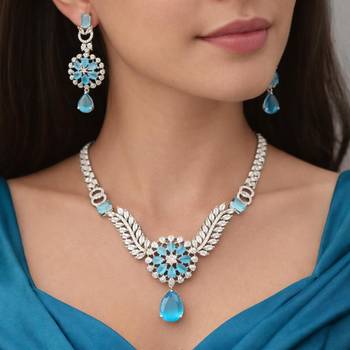 sky blue crystal teardrop necklace earring set | silver leaf bridal gala jewellery 1