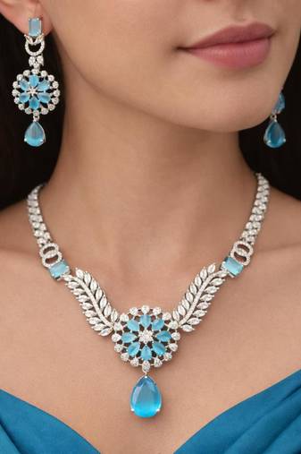 sky blue crystal teardrop necklace earring set  silver leaf bridal gala jewellery