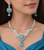 sky blue crystal teardrop necklace earring set | silver leaf bridal gala jewellery