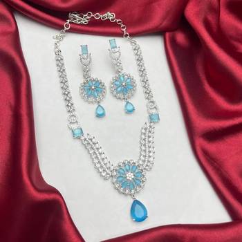 sky blue crystal teardrop necklace earring set | silver leaf bridal gala jewellery 2
