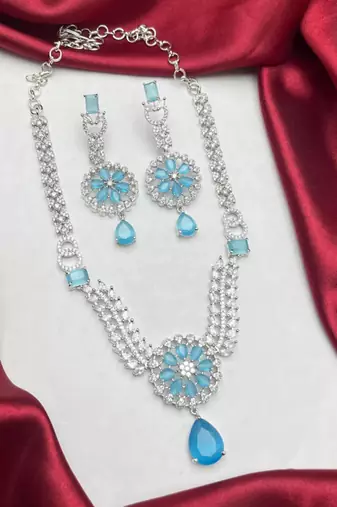 sky blue crystal teardrop necklace earring set | silver leaf bridal gala jewellery