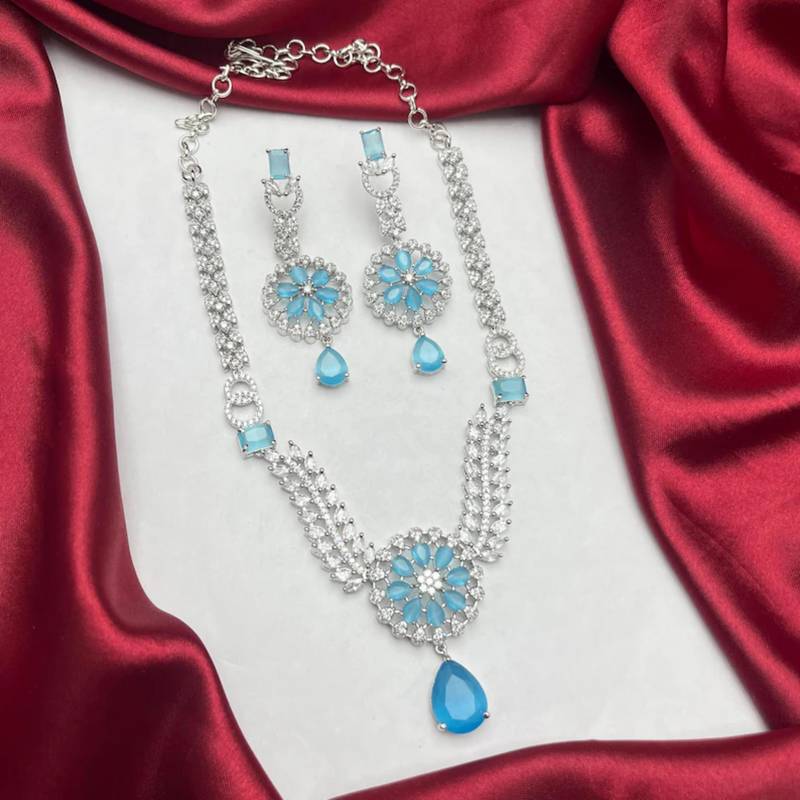 sky blue crystal teardrop necklace earring set | silver leaf bridal gala jewellery