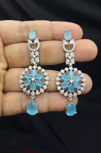 sky blue crystal teardrop necklace earring set | silver leaf bridal gala jewellery