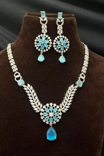 sky blue crystal teardrop necklace earring set | silver leaf bridal gala jewellery