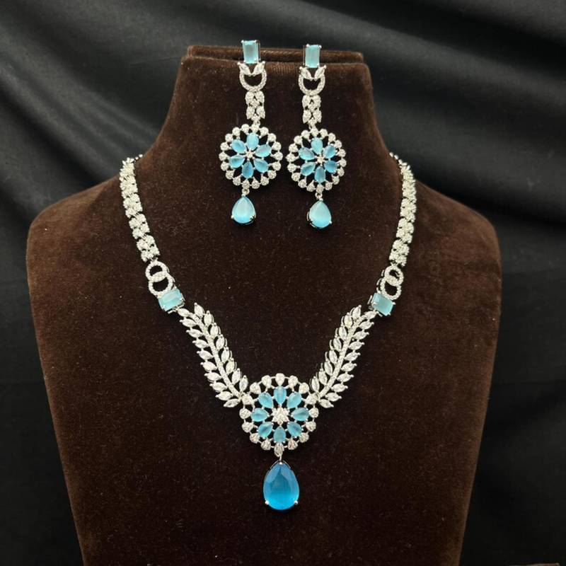sky blue crystal teardrop necklace earring set | silver leaf bridal gala jewellery
