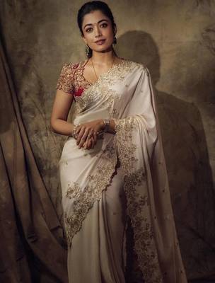 Off White Color Beautiful Sequence embroidery work Rangoli silk  Blend Saree 1