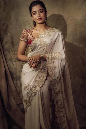Off White Color Beautiful Sequence embroidery work Rangoli silk  Blend Saree