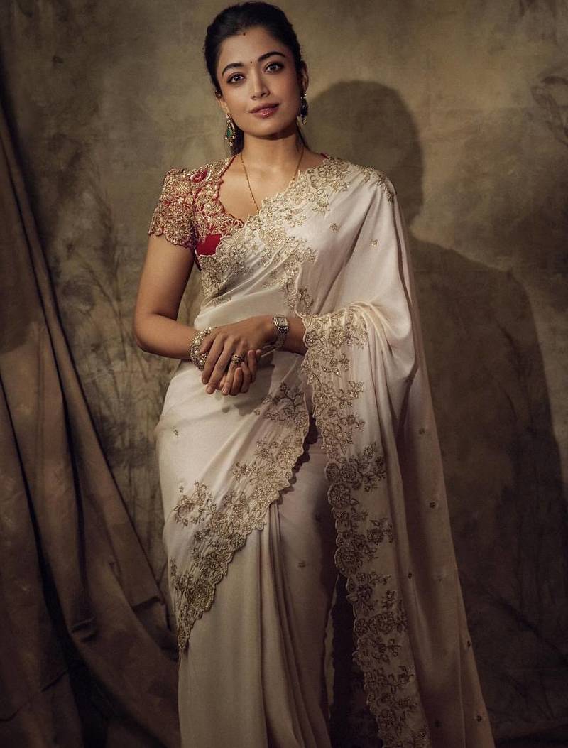 Off White Color Beautiful Sequence embroidery work Rangoli silk  Blend Saree