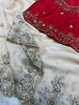 Off White Color Beautiful Sequence embroidery work Rangoli silk  Blend Saree 2